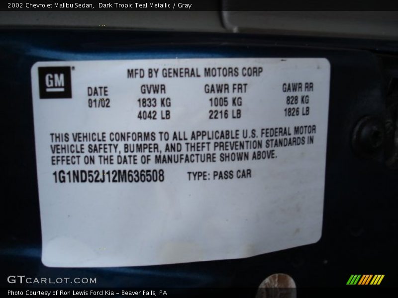 Dark Tropic Teal Metallic / Gray 2002 Chevrolet Malibu Sedan