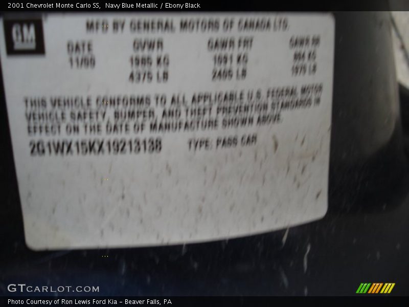 Navy Blue Metallic / Ebony Black 2001 Chevrolet Monte Carlo SS
