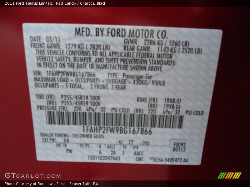 Red Candy / Charcoal Black 2011 Ford Taurus Limited