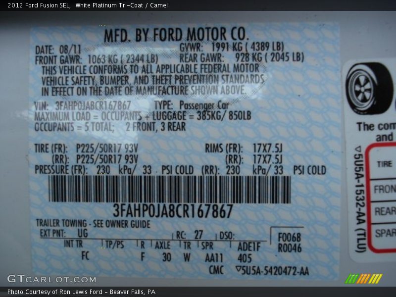 White Platinum Tri-Coat / Camel 2012 Ford Fusion SEL