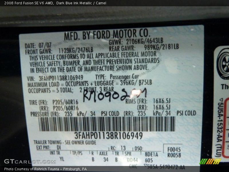 Dark Blue Ink Metallic / Camel 2008 Ford Fusion SE V6 AWD