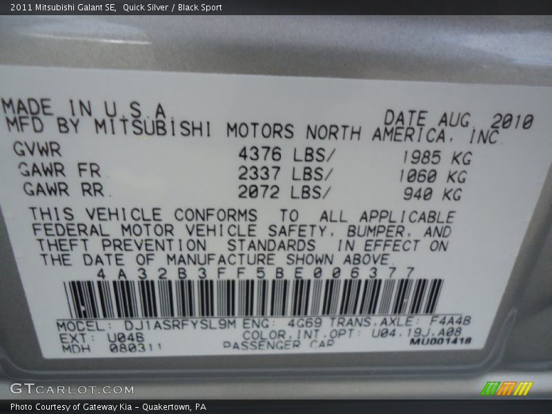 Quick Silver / Black Sport 2011 Mitsubishi Galant SE