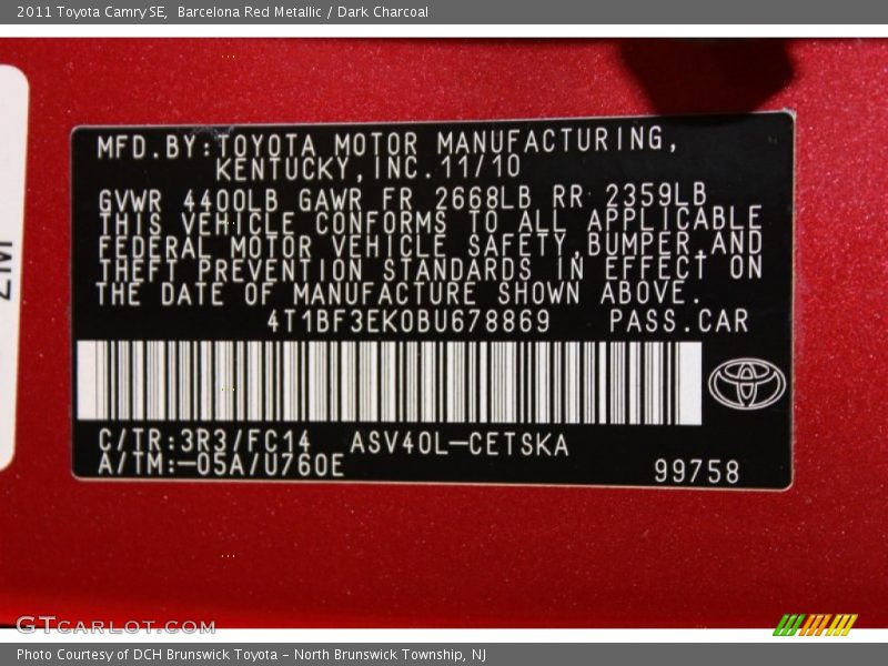 Barcelona Red Metallic / Dark Charcoal 2011 Toyota Camry SE