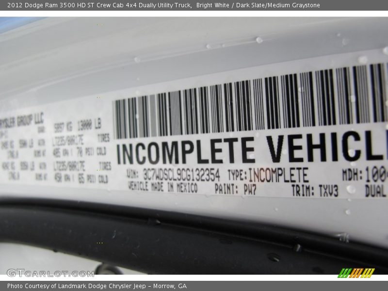 Bright White / Dark Slate/Medium Graystone 2012 Dodge Ram 3500 HD ST Crew Cab 4x4 Dually Utility Truck