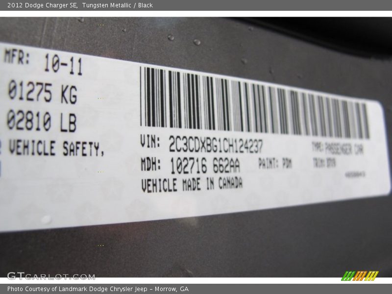 Tungsten Metallic / Black 2012 Dodge Charger SE