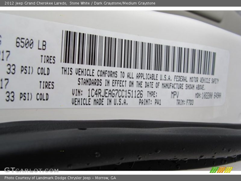 Stone White / Dark Graystone/Medium Graystone 2012 Jeep Grand Cherokee Laredo
