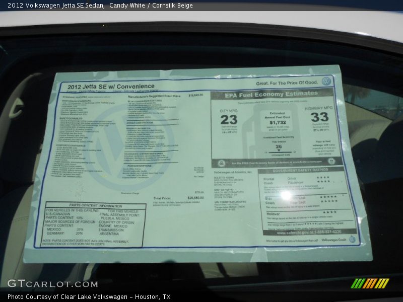 Candy White / Cornsilk Beige 2012 Volkswagen Jetta SE Sedan