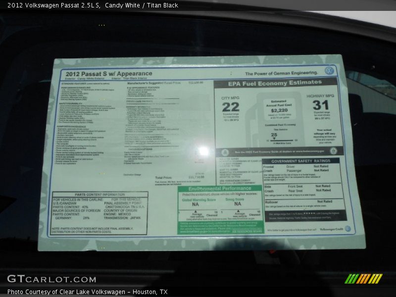  2012 Passat 2.5L S Window Sticker