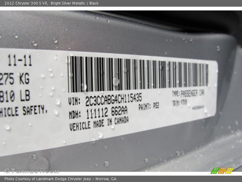 2012 300 S V6 Bright Silver Metallic Color Code PS2