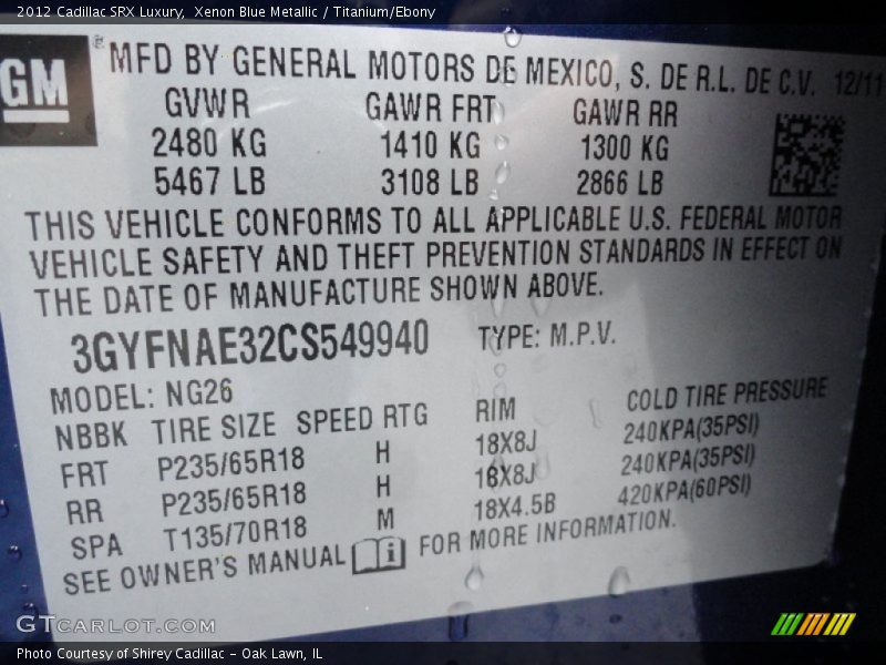 Info Tag of 2012 SRX Luxury