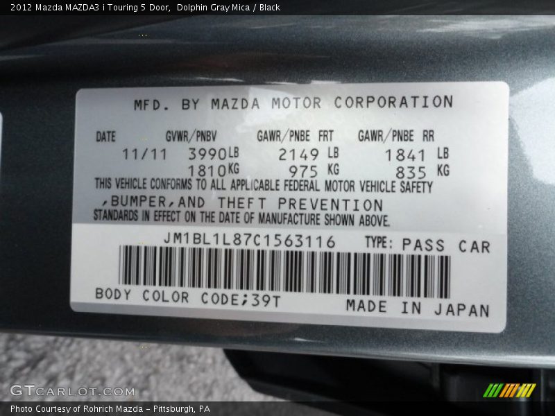 Dolphin Gray Mica / Black 2012 Mazda MAZDA3 i Touring 5 Door
