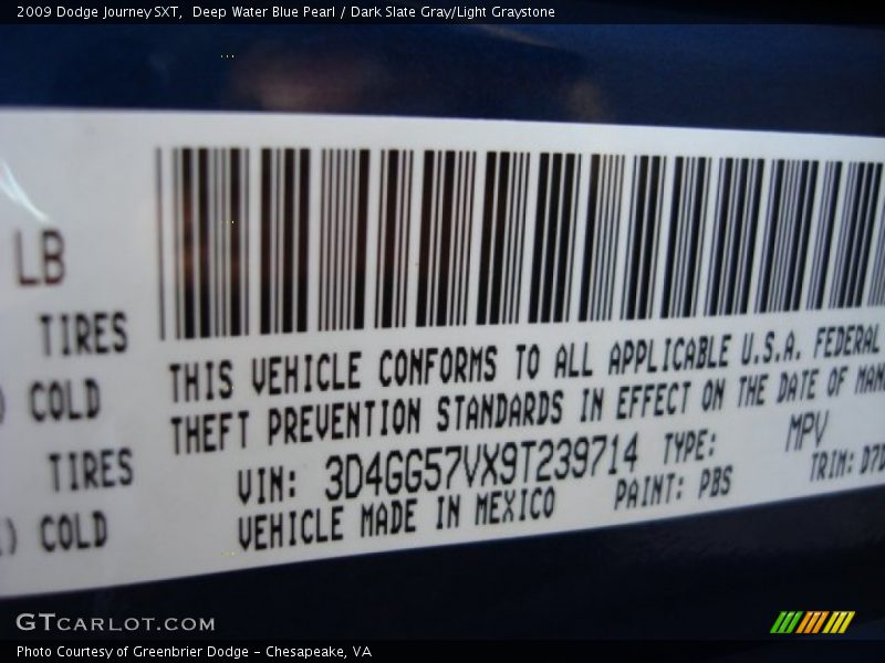 Deep Water Blue Pearl / Dark Slate Gray/Light Graystone 2009 Dodge Journey SXT