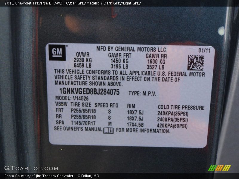 Cyber Gray Metallic / Dark Gray/Light Gray 2011 Chevrolet Traverse LT AWD