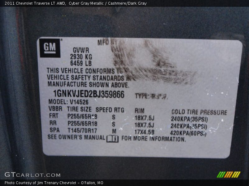 Cyber Gray Metallic / Cashmere/Dark Gray 2011 Chevrolet Traverse LT AWD