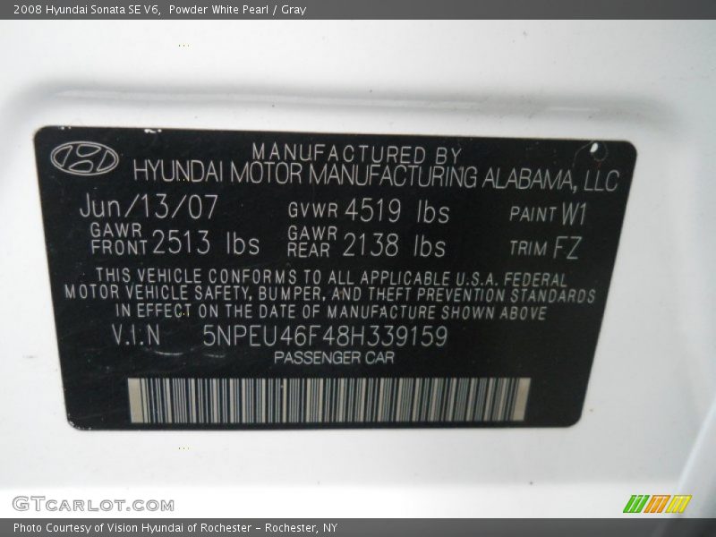 Powder White Pearl / Gray 2008 Hyundai Sonata SE V6