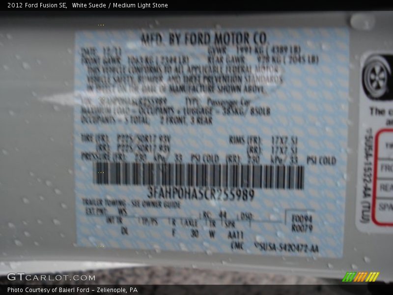White Suede / Medium Light Stone 2012 Ford Fusion SE