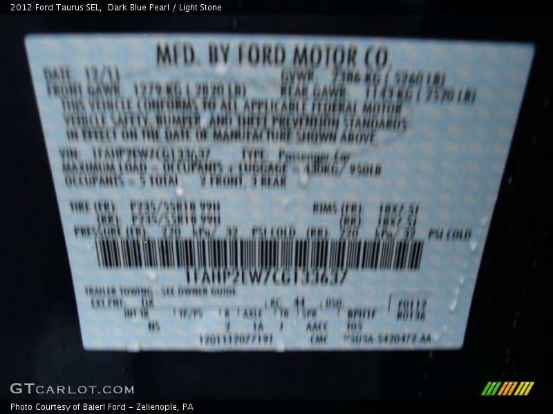 Dark Blue Pearl / Light Stone 2012 Ford Taurus SEL