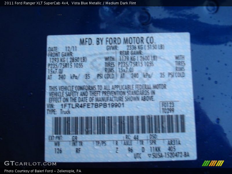 2011 Ranger XLT SuperCab 4x4 Vista Blue Metallic Color Code G9