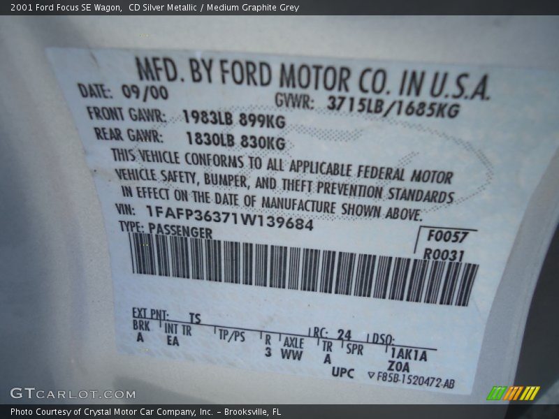 2001 Focus SE Wagon CD Silver Metallic Color Code TS