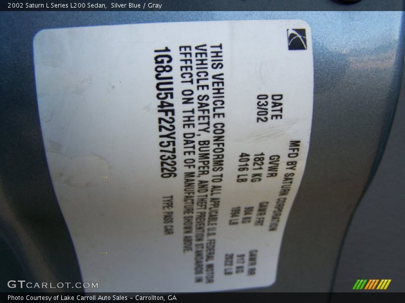 Silver Blue / Gray 2002 Saturn L Series L200 Sedan