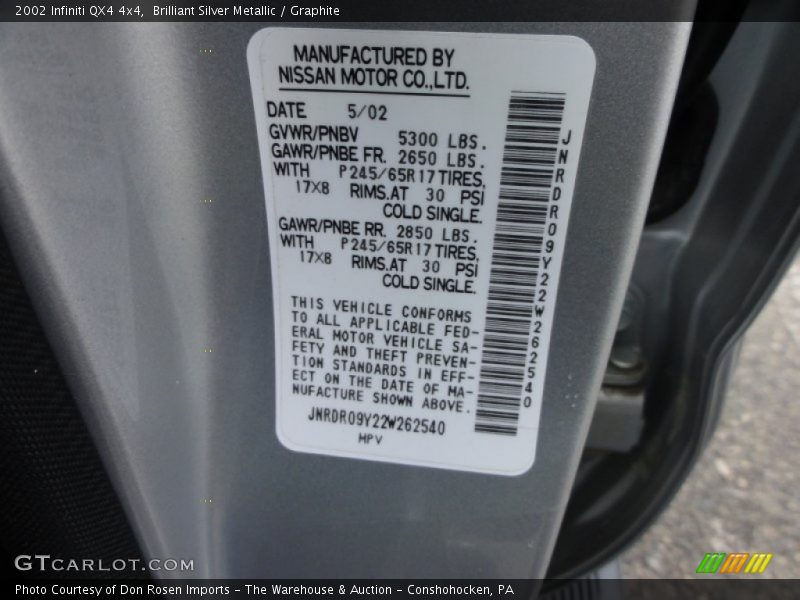 Brilliant Silver Metallic / Graphite 2002 Infiniti QX4 4x4