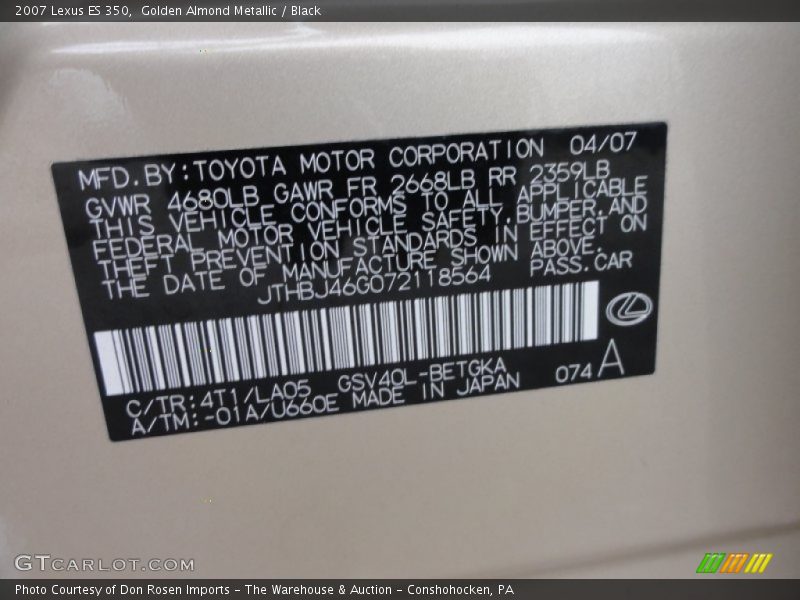 Golden Almond Metallic / Black 2007 Lexus ES 350