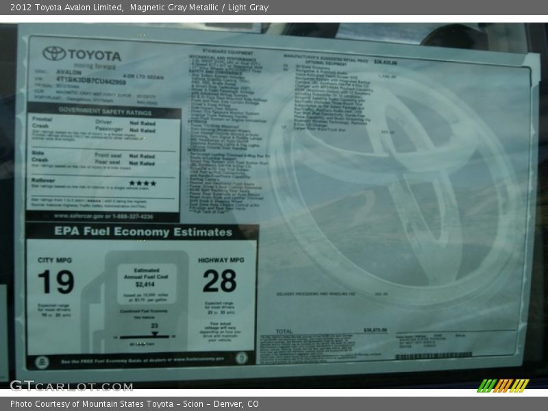  2012 Avalon Limited Window Sticker