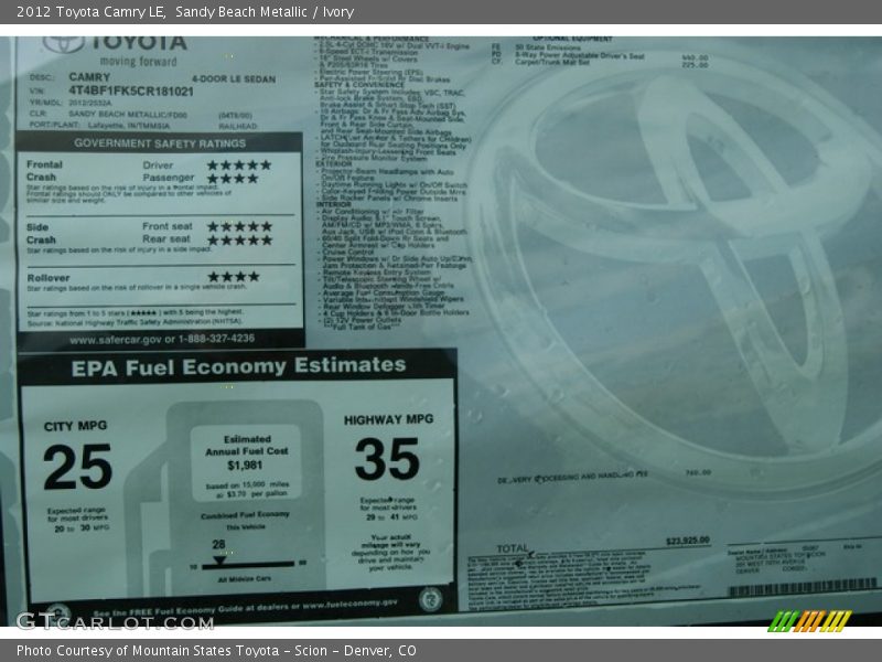 Sandy Beach Metallic / Ivory 2012 Toyota Camry LE