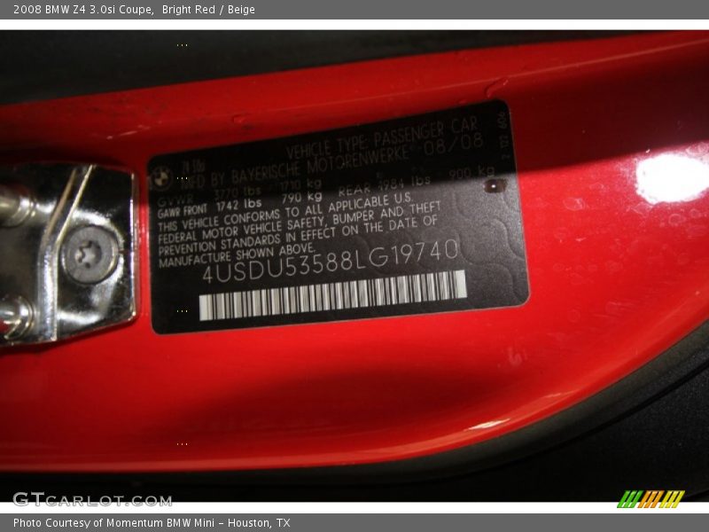 Info Tag of 2008 Z4 3.0si Coupe