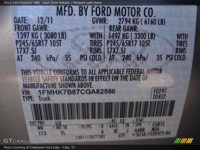 Ingot Silver Metallic / Medium Light Stone 2012 Ford Explorer FWD