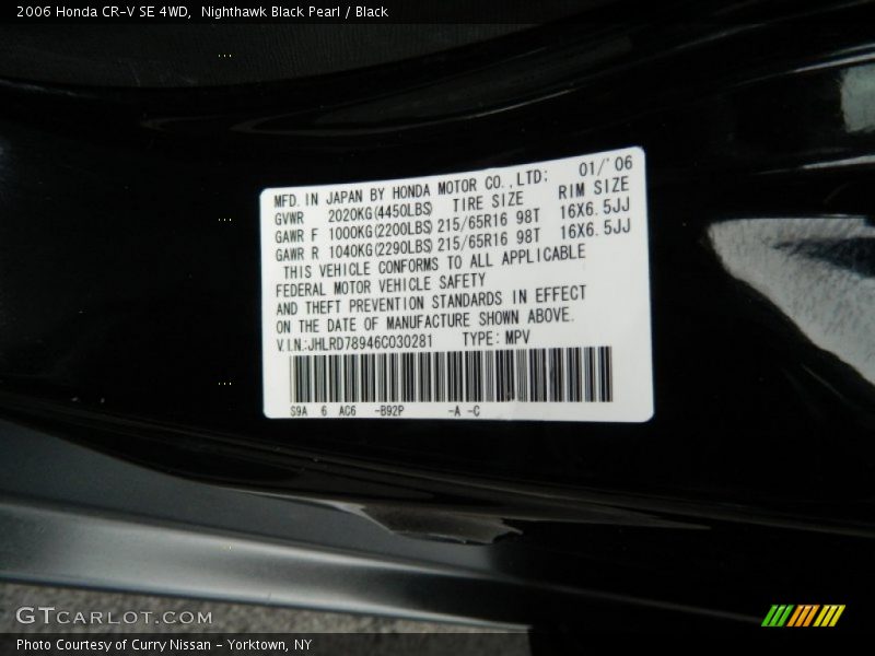 Nighthawk Black Pearl / Black 2006 Honda CR-V SE 4WD