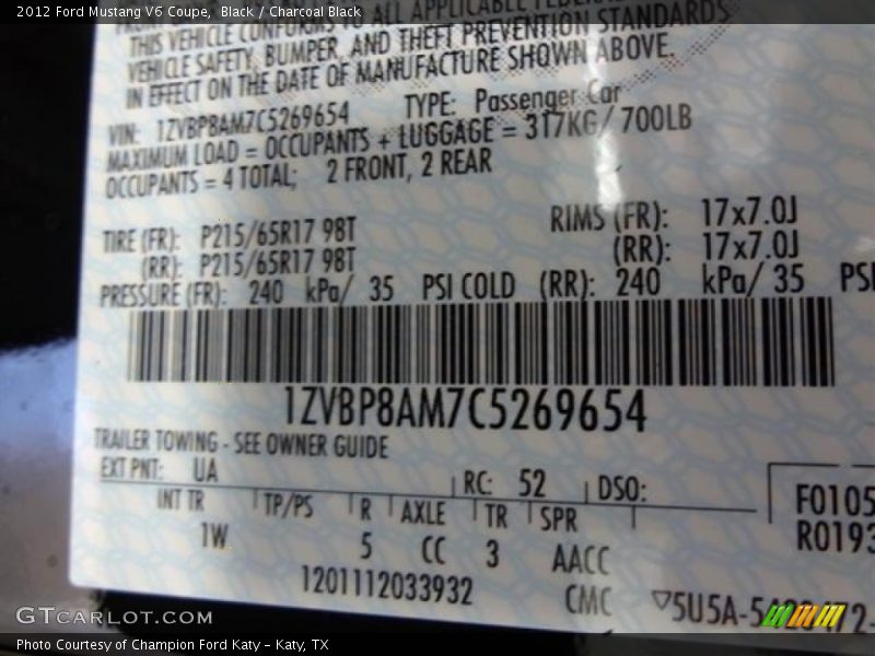 2012 Mustang V6 Coupe Black Color Code UA