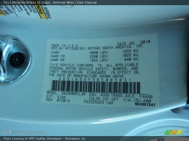 Northstar White / Dark Charcoal 2011 Mitsubishi Eclipse GS Coupe