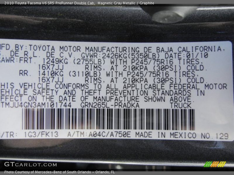 Magnetic Gray Metallic / Graphite 2010 Toyota Tacoma V6 SR5 PreRunner Double Cab