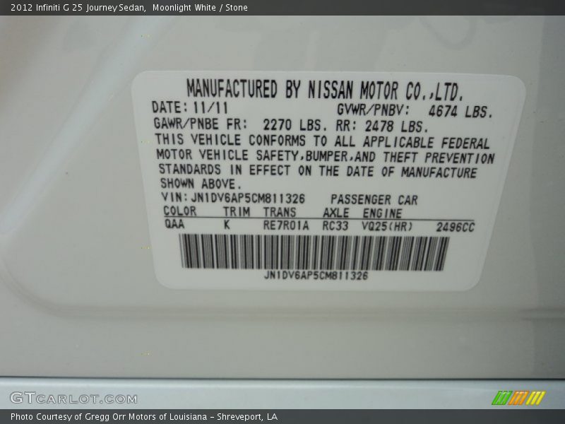 2012 G 25 Journey Sedan Moonlight White Color Code QAA
