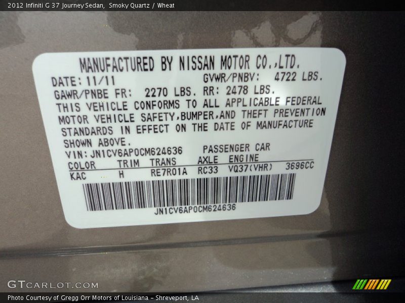 2012 G 37 Journey Sedan Smoky Quartz Color Code KAC