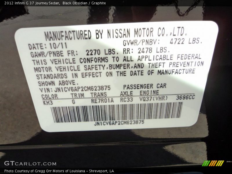 Black Obsidian / Graphite 2012 Infiniti G 37 Journey Sedan