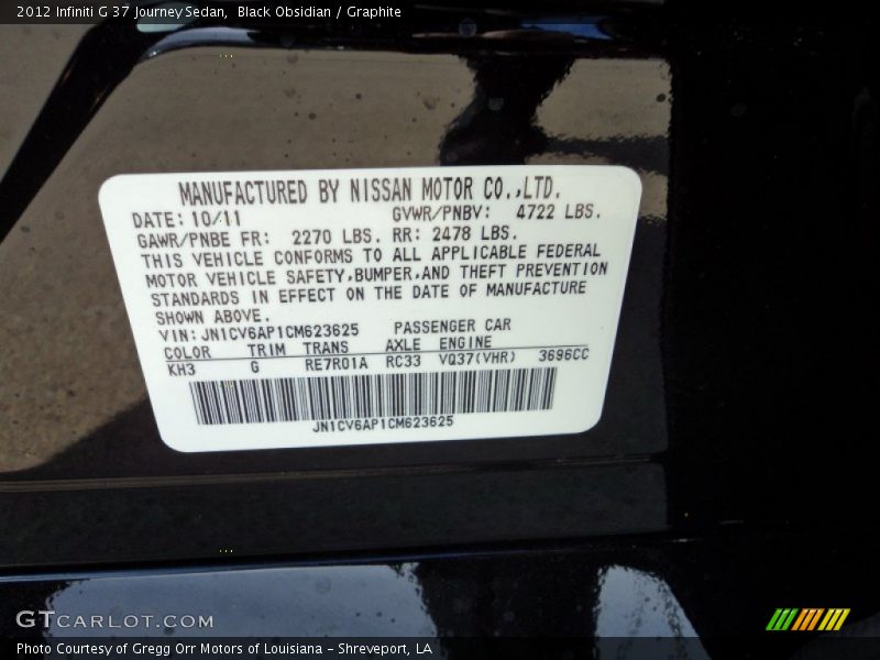 Black Obsidian / Graphite 2012 Infiniti G 37 Journey Sedan