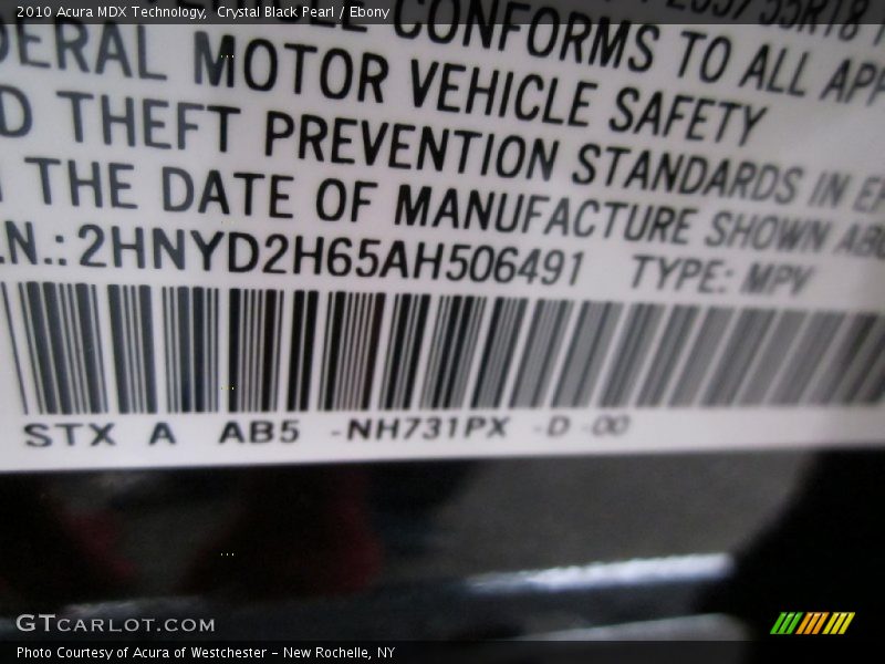 Crystal Black Pearl / Ebony 2010 Acura MDX Technology