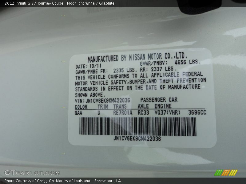 2012 G 37 Journey Coupe Moonlight White Color Code QAA
