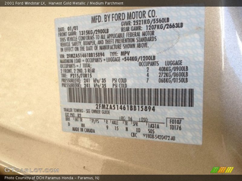 Harvest Gold Metallic / Medium Parchment 2001 Ford Windstar LX