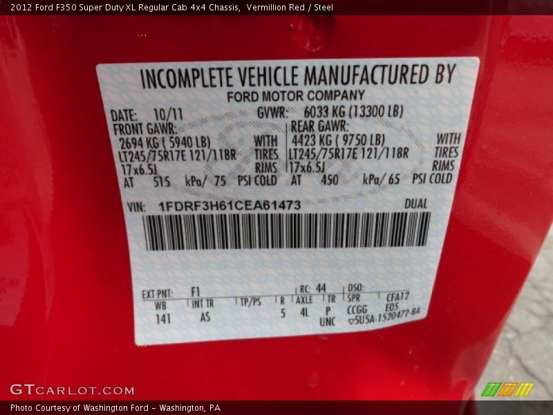 2012 F350 Super Duty XL Regular Cab 4x4 Chassis Vermillion Red Color Code F1