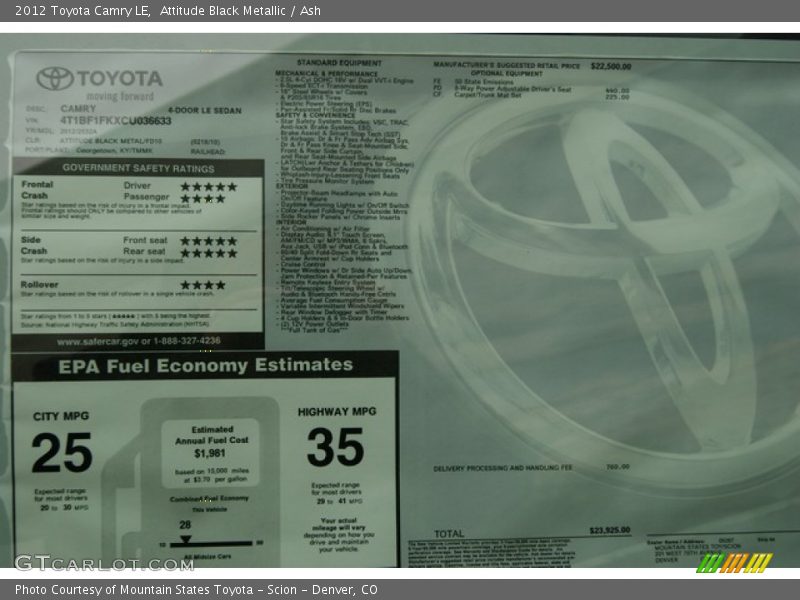 Attitude Black Metallic / Ash 2012 Toyota Camry LE