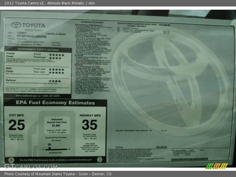 Attitude Black Metallic / Ash 2012 Toyota Camry LE