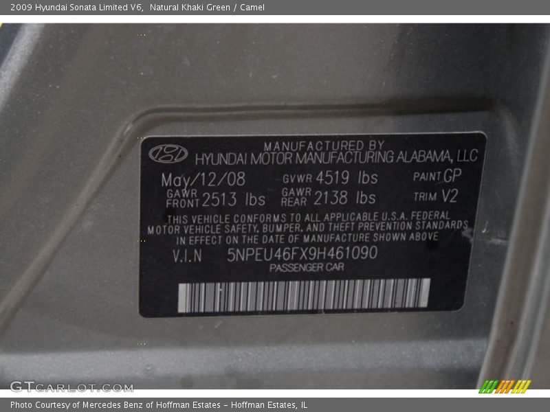 Natural Khaki Green / Camel 2009 Hyundai Sonata Limited V6