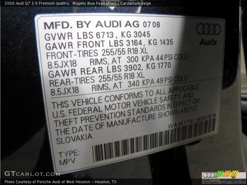 Mugello Blue Pearl Effect / Cardamom Beige 2009 Audi Q7 3.6 Premium quattro