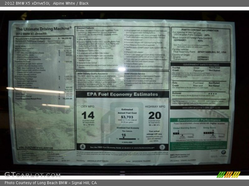  2012 X5 xDrive50i Window Sticker