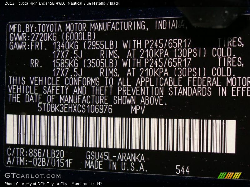 Nautical Blue Metallic / Black 2012 Toyota Highlander SE 4WD