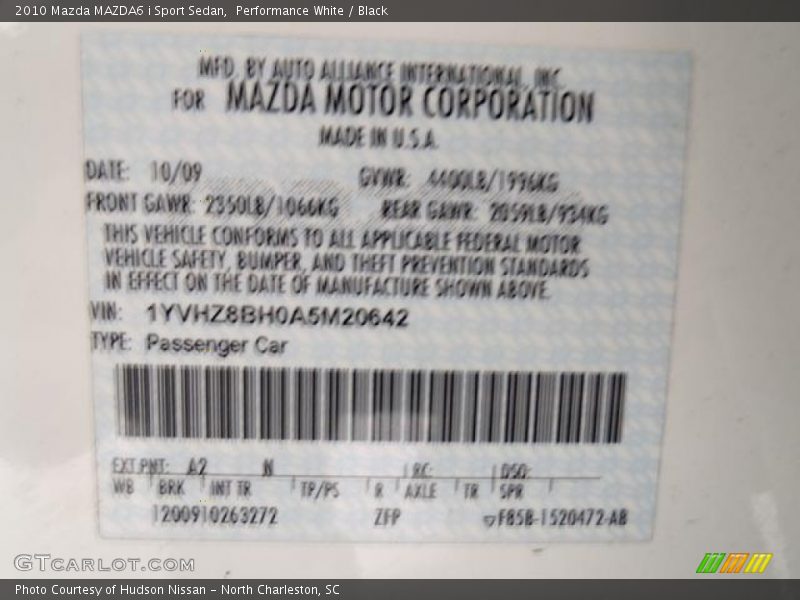 Performance White / Black 2010 Mazda MAZDA6 i Sport Sedan