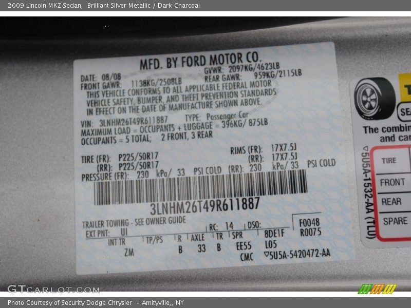 Brilliant Silver Metallic / Dark Charcoal 2009 Lincoln MKZ Sedan